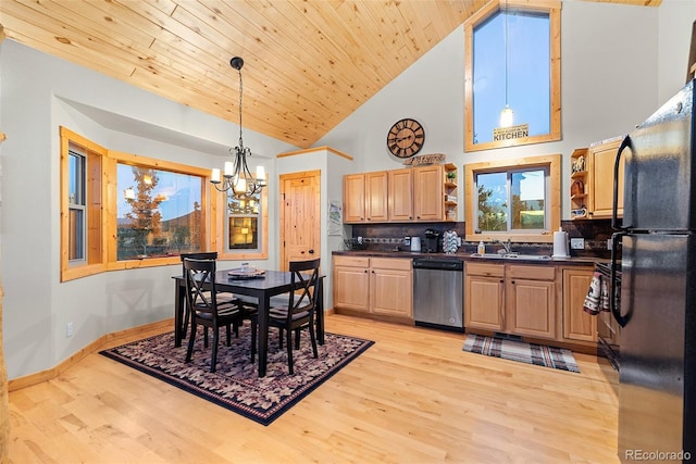 270 Piaute Way, Como, CO 80432 - kitchen featuring stainless steel dishwasher, freestanding refrigerator, a chandelier, light wood-type flooring, and wood ceiling