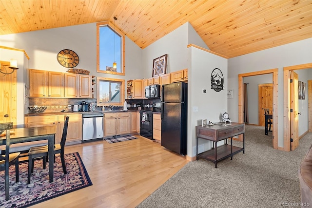 270 Piaute Way, Como, CO 80432 - kitchen with black appliances, dark countertops, light brown cabinets, wooden ceiling, and high vaulted ceiling