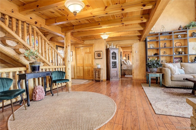 11450 Marks Dr, Conifer, CO 80433 - living area featuring hardwood / wood-style flooring, wood ceiling with exposed beams, and stairway