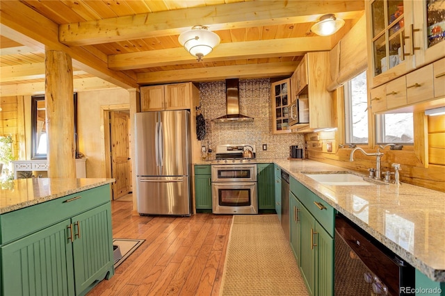 11450 Marks Dr, Conifer, CO 80433 - kitchen with appliances with stainless steel finishes, wall chimney exhaust hood, green cabinetry, wood ceiling with exposed beams, and light wood-style floors