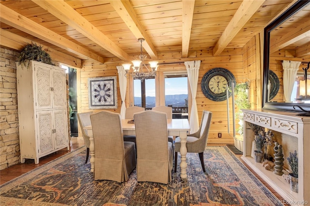 11450 Marks Dr, Conifer, CO 80433 - dining room featuring a chandelier, wood ceiling with exposed beams, wooden walls, and wood finished floors