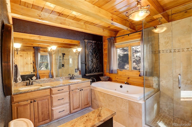 11450 Marks Dr, Conifer, CO 80433 - full bathroom with wood ceiling with exposed beams, a shower stall, a whirlpool tub, and double vanity