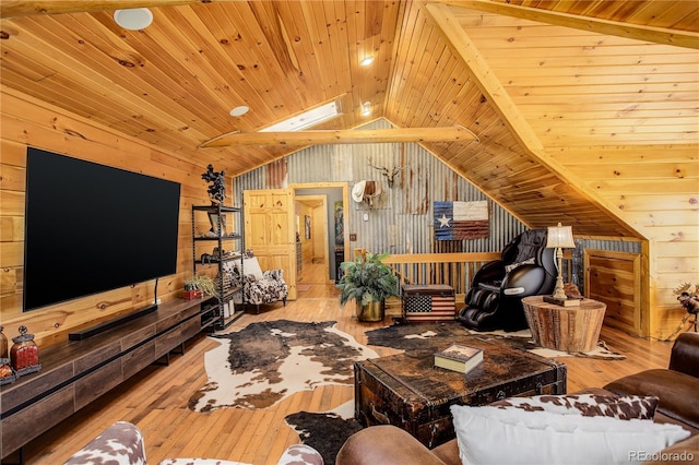 11450 Marks Dr, Conifer, CO 80433 - living area with wooden walls, lofted ceiling, hardwood / wood-style flooring, and wood ceiling
