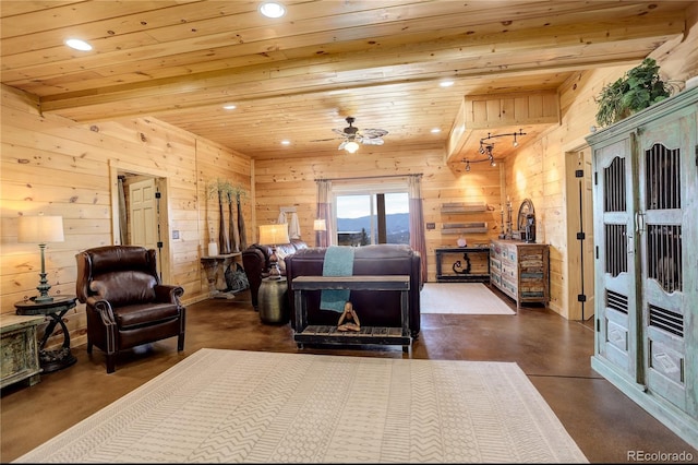 11450 Marks Dr, Conifer, CO 80433 - bedroom featuring wooden ceiling, recessed lighting, wood walls, and finished concrete floors