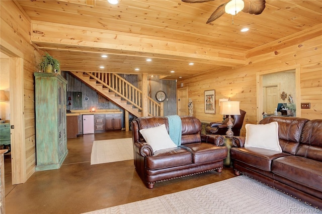 11450 Marks Dr, Conifer, CO 80433 - living room with wooden walls, wood ceiling, stairs, recessed lighting, and a ceiling fan