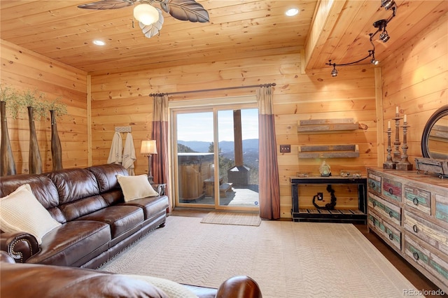 11450 Marks Dr, Conifer, CO 80433 - living area with wood ceiling, track lighting, wood walls, a mountain view, and a ceiling fan