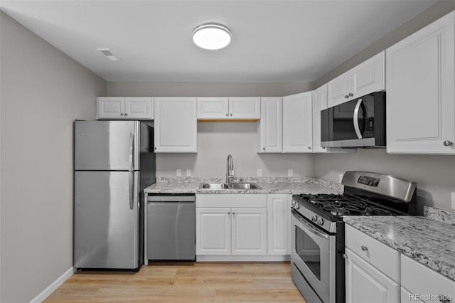 kitchen featuring white cabinets, light wood-style flooring, light stone counters, stainless steel appliances, and a sink