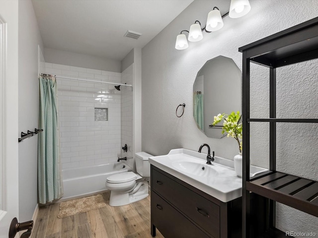 10057 S Shadow Hill Dr, Lone Tree, CO 80124 - bathroom with wood finished floors, toilet, vanity, and shower / bathtub combination with curtain