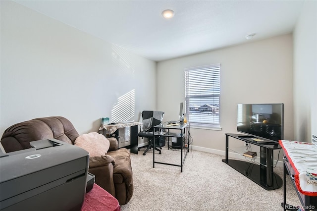 home office featuring light colored carpet