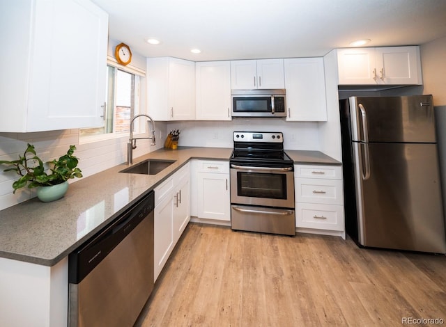 kitchen featuring appliances with stainless steel finishes, a sink, white cabinetry, backsplash, and light wood-type flooring