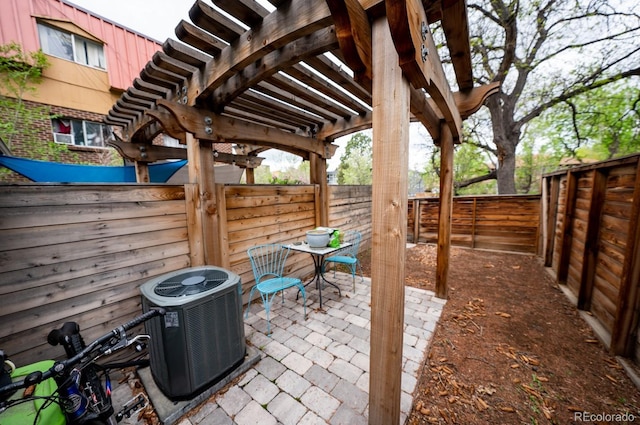 view of patio featuring central air condition unit, a fenced backyard, and a pergola