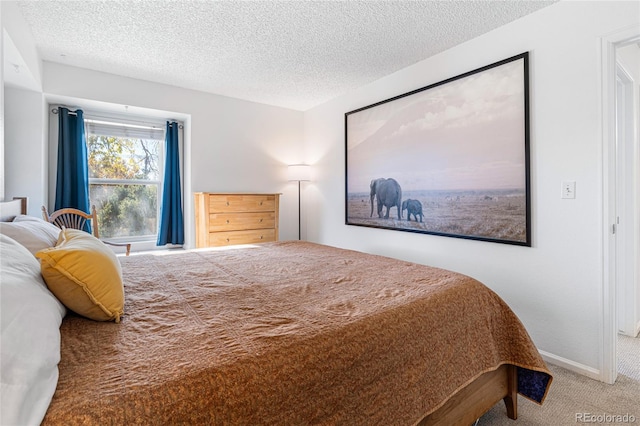 bedroom featuring carpet and a textured ceiling