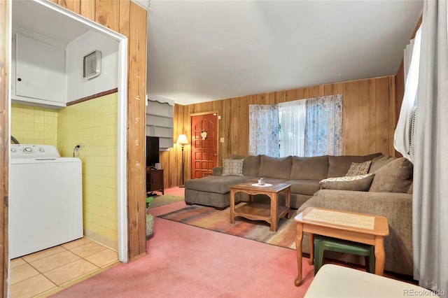 2732 W Archer Pl, Denver, CO 80219 - tiled living room with washer / dryer and wooden walls