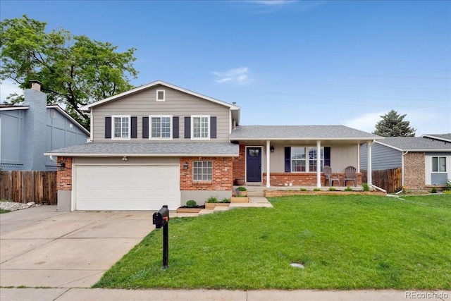 11021 Otis St, Westminster, CO 80020 - split level home featuring a garage, brick siding, concrete driveway, a porch, and a shingled roof