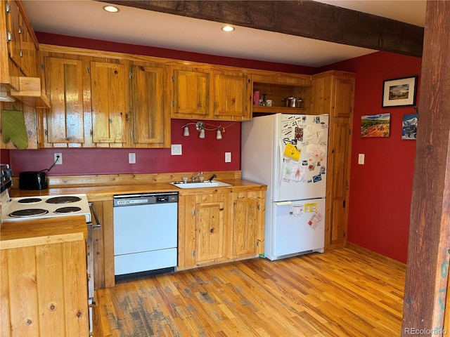 274 Lincoln Dr, Idaho Springs, CO 80452 - kitchen with white appliances, light wood-style floors, light countertops, open shelves, and recessed lighting