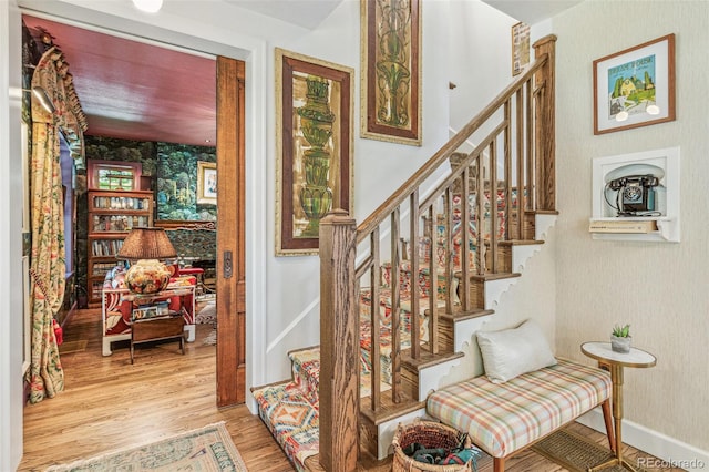 2324 S Columbine St, Denver, CO 80210 - stairs with wood finished floors and wallpapered walls
