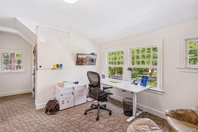 2324 S Columbine St, Denver, CO 80210 - home office with vaulted ceiling, baseboards, and carpet