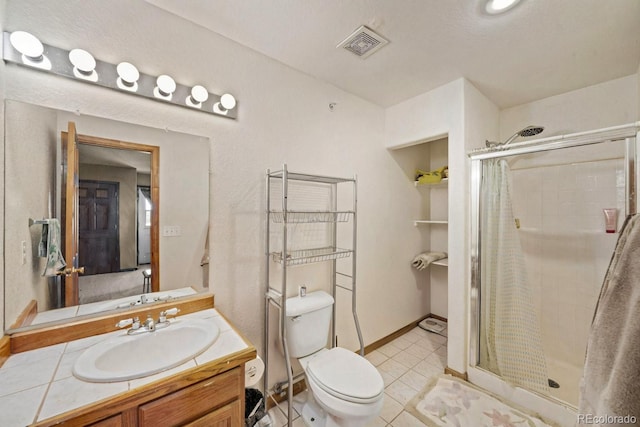 bathroom with a stall shower, visible vents, toilet, tile patterned flooring, and vanity