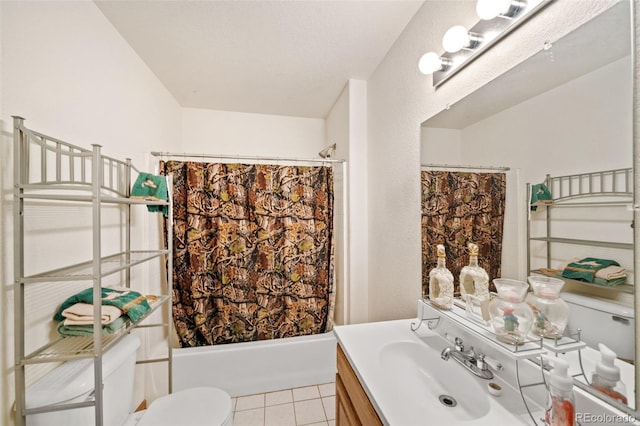 bathroom with vanity, tile patterned flooring, toilet, and shower / bathtub combination with curtain