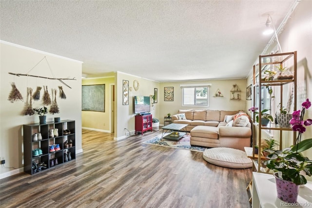 1213 S Taft Hill Rd, Fort Collins, CO 80521 - living room with wood finished floors, a textured ceiling, and crown molding