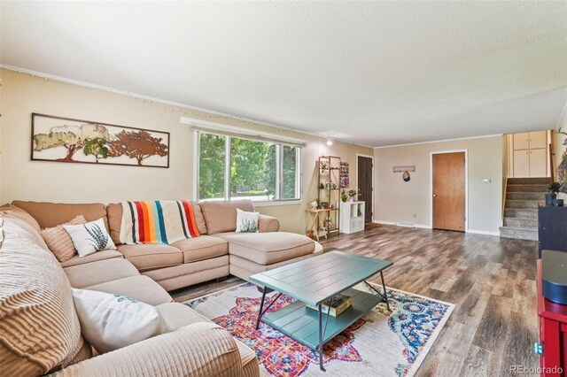 1213 S Taft Hill Rd, Fort Collins, CO 80521 - living area featuring stairway, wood finished floors, and a textured ceiling
