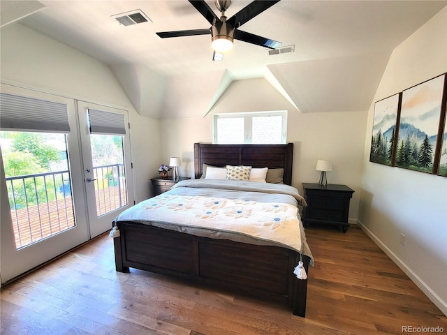 4348 Umatilla St, Denver, CO 80211 - bedroom with access to exterior, wood finished floors, lofted ceiling, french doors, and a ceiling fan
