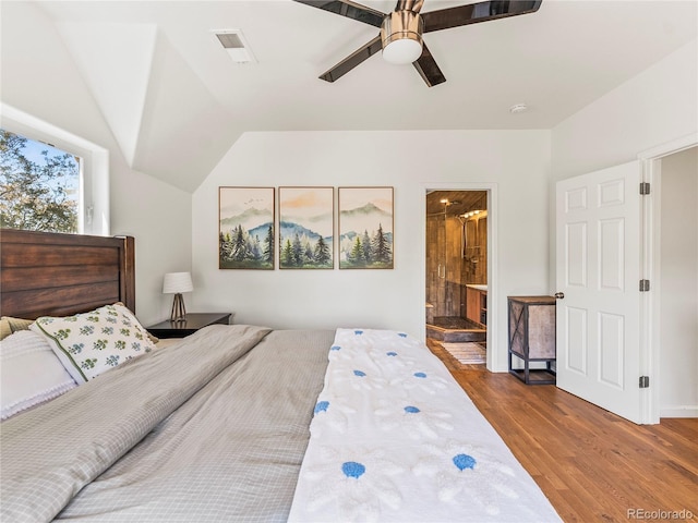 4348 Umatilla St, Denver, CO 80211 - bedroom with wood finished floors, ceiling fan, vaulted ceiling, and ensuite bathroom