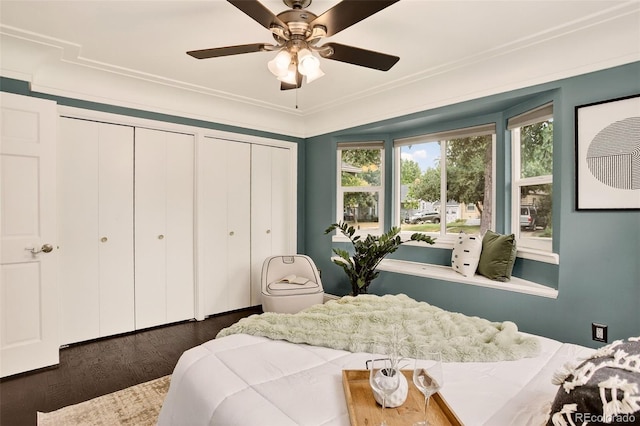 3979 S Grant St, Englewood, CO 80113 - bedroom with multiple closets, wood finished floors, and a ceiling fan