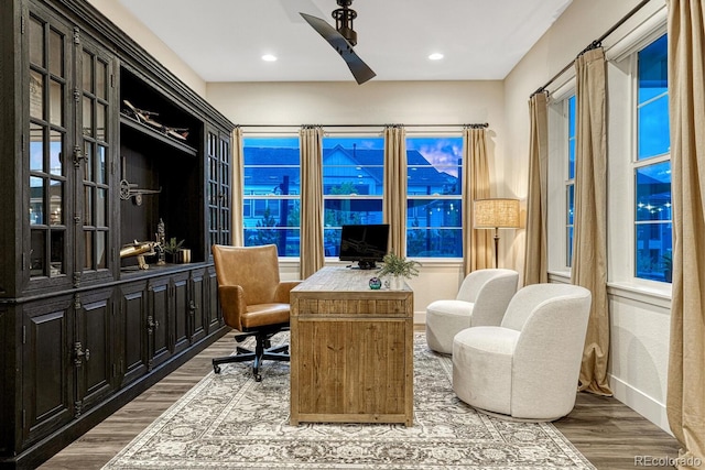 2159 Bellcove Dr, Castle Pines, CO 80108 - home office featuring wood finished floors, a ceiling fan, and recessed lighting