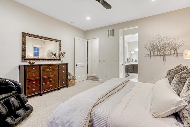 2159 Bellcove Dr, Castle Pines, CO 80108 - bedroom featuring light carpet, ensuite bath, recessed lighting, and a ceiling fan