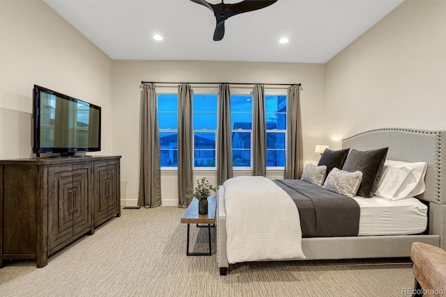2159 Bellcove Dr, Castle Pines, CO 80108 - bedroom with light colored carpet, recessed lighting, and a ceiling fan