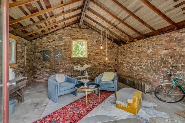 3525 N Alcott St, Denver, CO 80211 - unfurnished room with concrete floors, vaulted ceiling, and brick wall