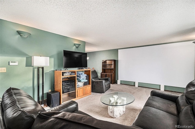 living room with light colored carpet and a textured ceiling