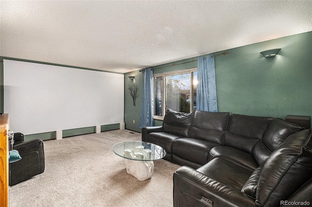 living room featuring light colored carpet and a textured ceiling