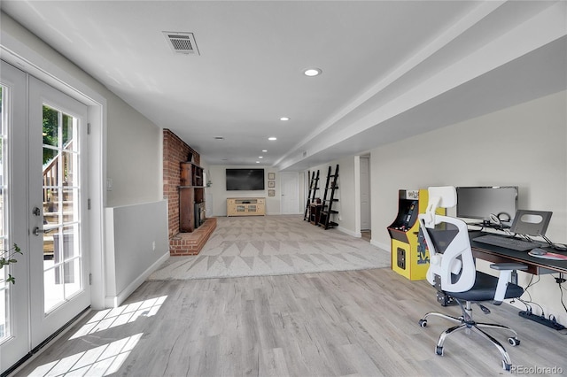 9880 E 157th Ave, Brighton, CO 80602 - office area featuring wood finished floors, baseboards, a brick fireplace, and recessed lighting