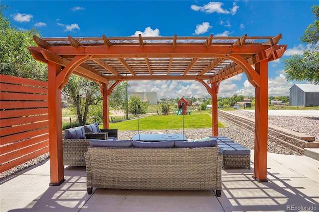 9880 E 157th Ave, Brighton, CO 80602 - view of patio with outdoor lounge area, a playground, and a pergola