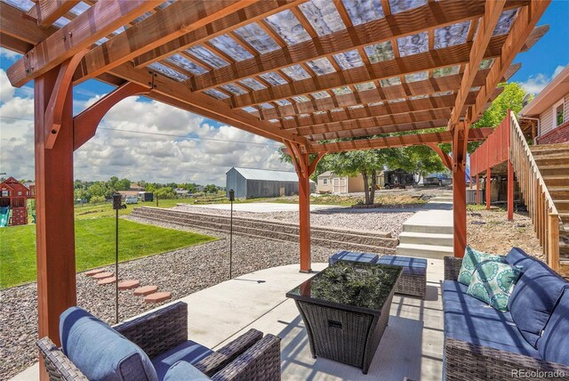 9880 E 157th Ave, Brighton, CO 80602 - view of patio featuring an outdoor hangout area and a pergola