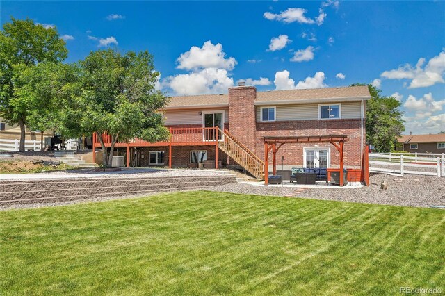 9880 E 157th Ave, Brighton, CO 80602 - back of house with a pergola, brick siding, a patio area, a chimney, and stairs