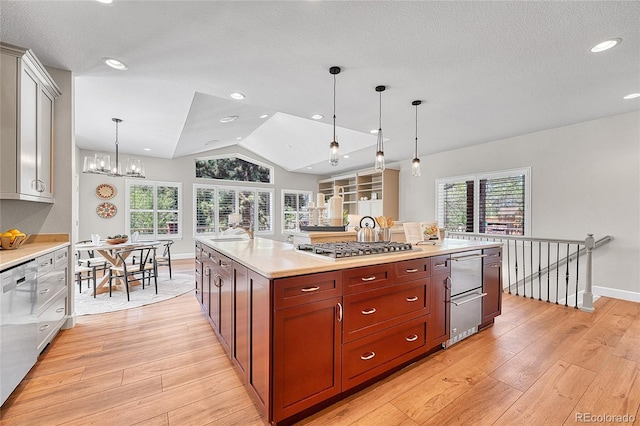 kitchen with light wood-style floors, stainless steel appliances, light countertops, vaulted ceiling, and healthy amount of natural light