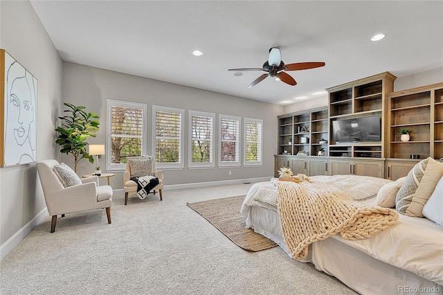 bedroom featuring baseboards, recessed lighting, carpet, and a ceiling fan