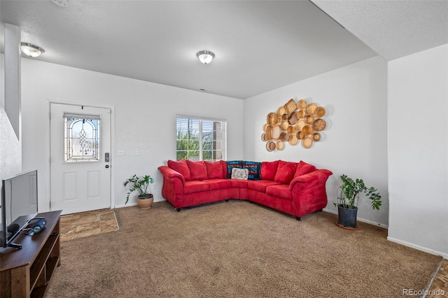 living room featuring a textured ceiling and carpet