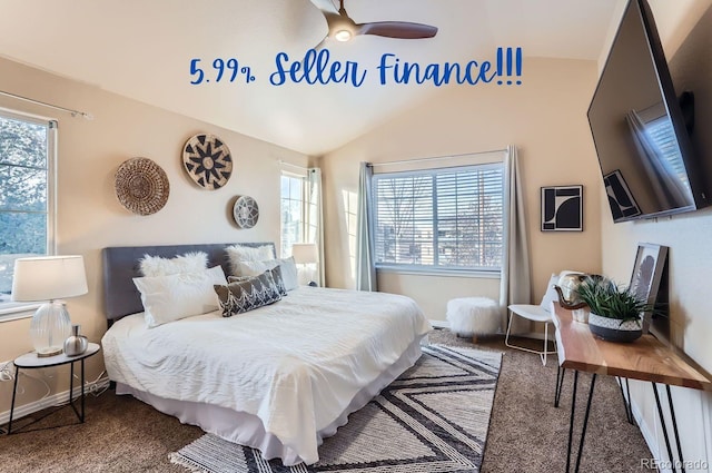 carpeted bedroom with lofted ceiling and ceiling fan