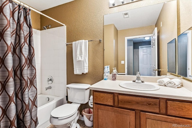 full bathroom with toilet, shower / bathtub combination with curtain, and vanity