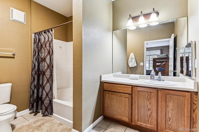 full bathroom with vanity, toilet, shower / bathtub combination with curtain, and tile patterned flooring