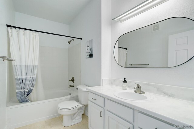 full bathroom with vanity, shower / bathtub combination with curtain, tile patterned floors, and toilet