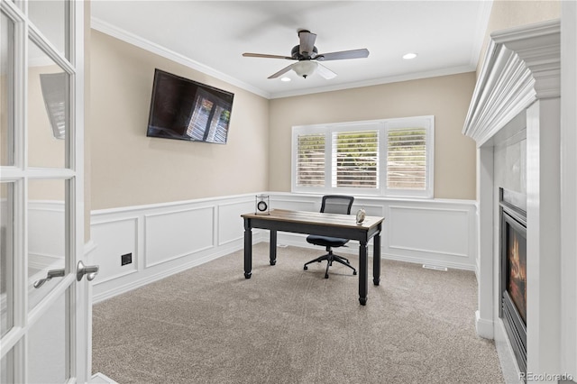 6405 Eagle Feather Trl, Littleton, CO 80125 - carpeted office featuring a large fireplace, ornamental molding, wainscoting, recessed lighting, and a decorative wall