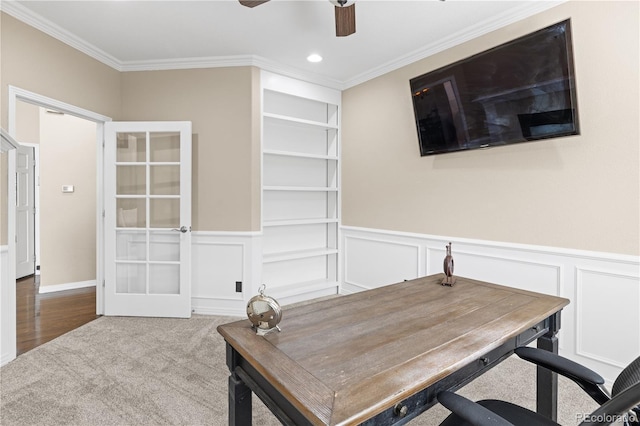 6405 Eagle Feather Trl, Littleton, CO 80125 - home office with a ceiling fan, crown molding, recessed lighting, wainscoting, and a decorative wall