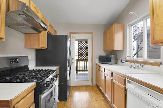 kitchen featuring appliances with stainless steel finishes, light hardwood / wood-style floors, extractor fan, and sink