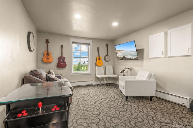 11881 County Road 37, Fort Lupton, CO 80621 - living area with a baseboard radiator, carpet flooring, baseboard heating, and recessed lighting