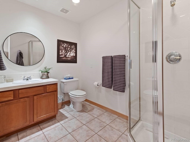 full bathroom featuring visible vents, toilet, a shower stall, tile patterned flooring, and vanity